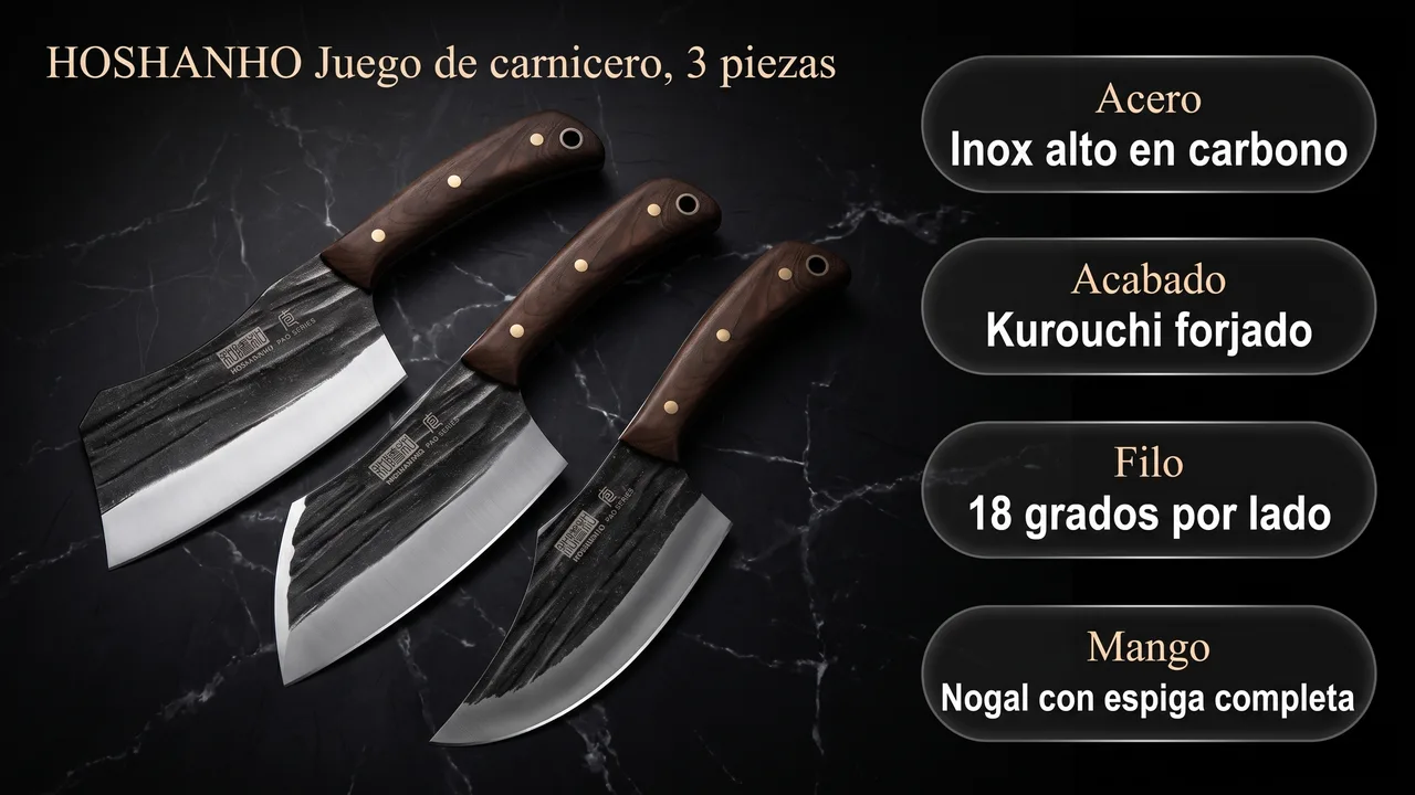 Ficha tecnica del juego de carnicero HOSHANHO: acero inoxidable alto en carbono, acabado kurouchi forjado y mango de nogal