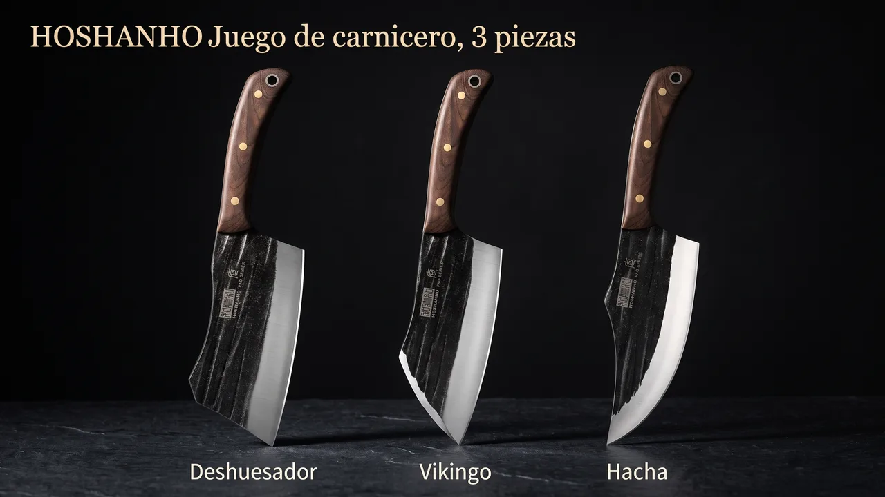 Las tres piezas del juego de carnicero HOSHANHO: deshuesador, vikingo y hacha, con acabado kurouchi