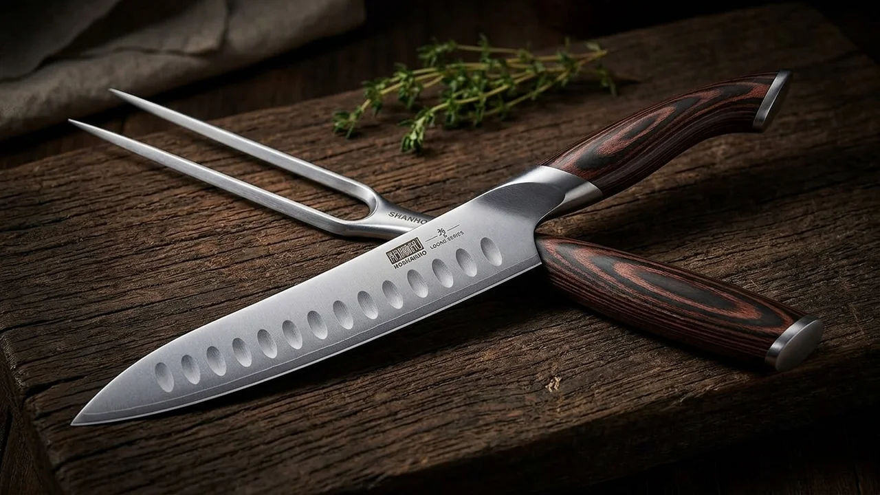 Cuchillo de trinchar y tenedor japoneses HOSHANHO con valles granton y mango de pakkawood