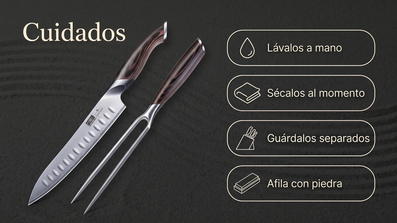 Cuidados del juego de trinchar HOSHANHO: lavado a mano, secado inmediato, guardado separado y afilado con piedra