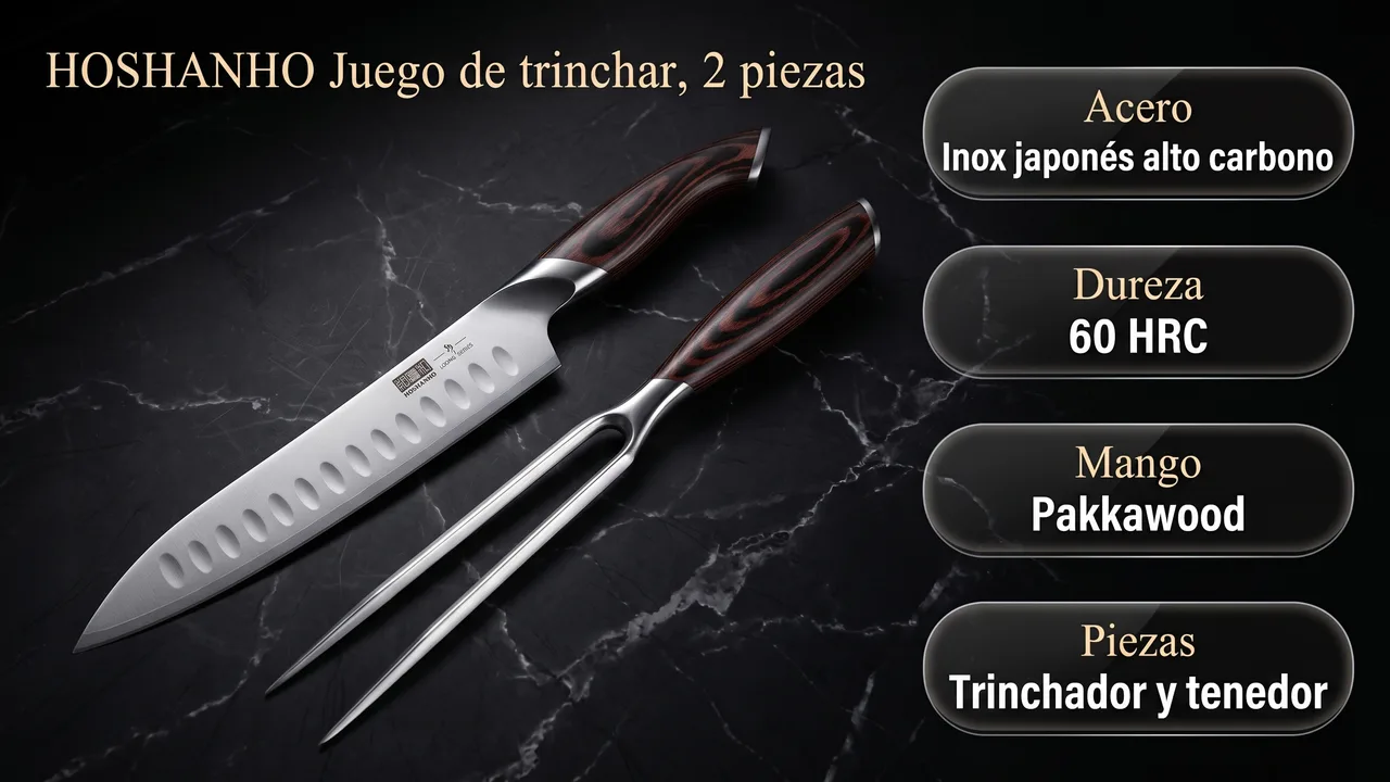 Ficha tecnica del juego de trinchar HOSHANHO: acero inoxidable japones alto en carbono, 60 HRC y mango de pakkawood