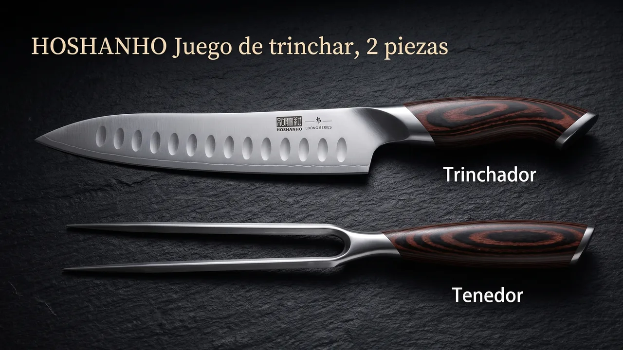Las dos piezas del juego HOSHANHO: cuchillo trinchador con valles granton y tenedor de dos puas