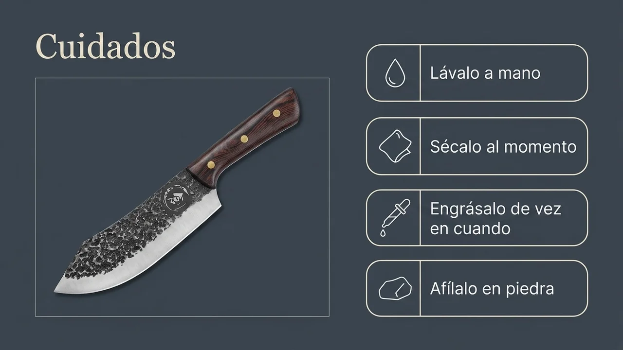 Cuidados del cuchillo de carne JASON: lavar a mano, secar al momento, engrasar el acero y afilar en piedra