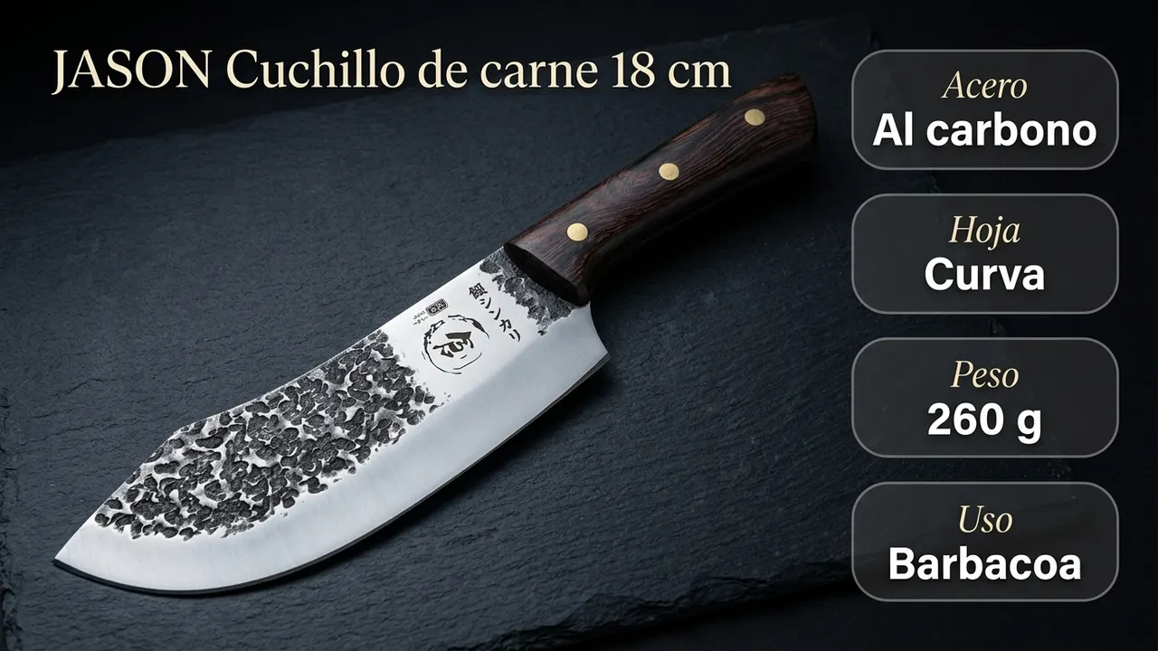 Datos del cuchillo de carne JASON: acero al carbono forjado, hoja curva de 260 gramos para barbacoa