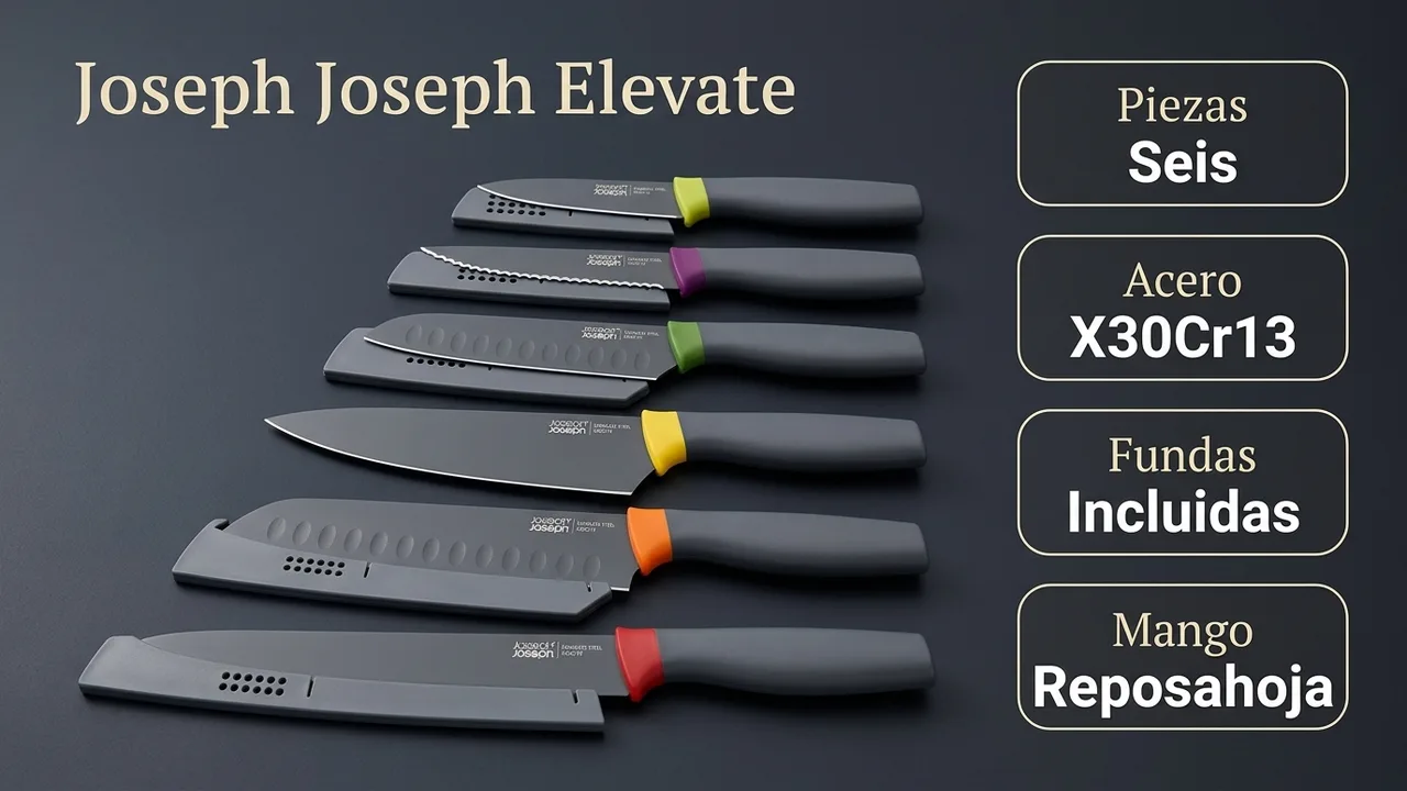 Datos del set Joseph Joseph Elevate de seis piezas: acero X30Cr13, fundas incluidas y mango con reposahoja