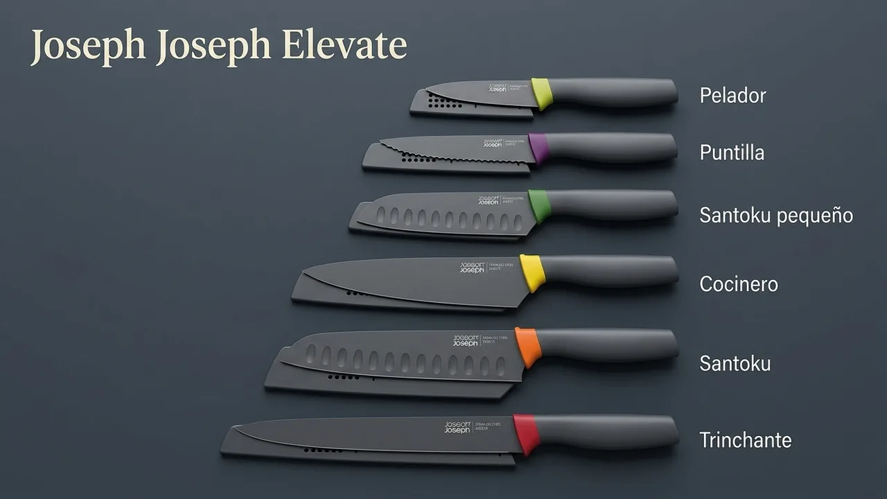 Las seis piezas del set Joseph Joseph Elevate: pelador, puntilla, santoku pequeño, cocinero, santoku y trinchante