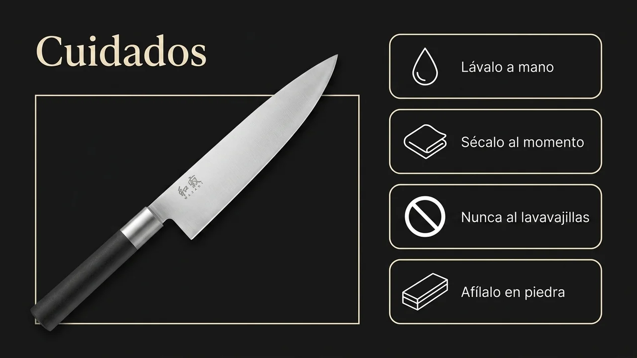 Cuidados del chef KAI Wasabi Black: lavar a mano, secar al momento, nunca al lavavajillas y afilar en piedra