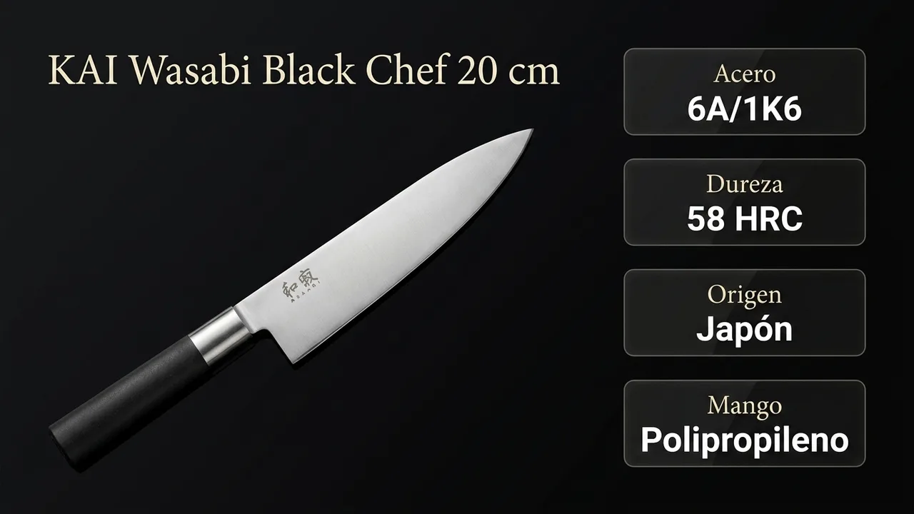Datos del chef KAI Wasabi Black: acero 6A/1K6 de 58 HRC, fabricado en Japón y mango de polipropileno
