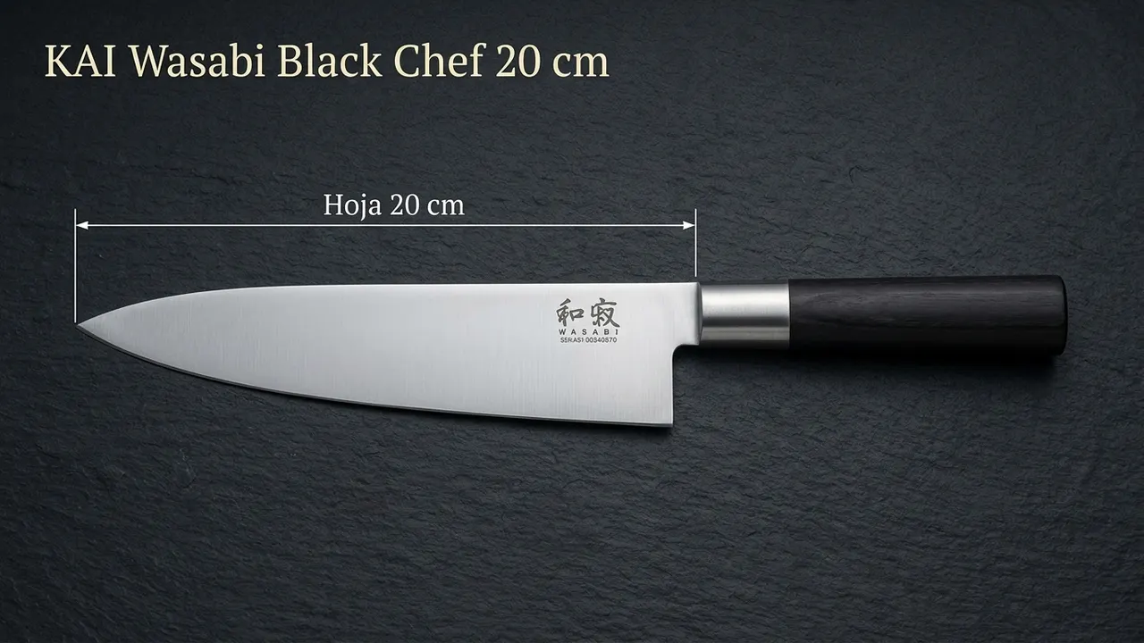 Cuchillo de chef KAI Wasabi Black acotado: hoja de 20 cm y mango negro de polipropileno