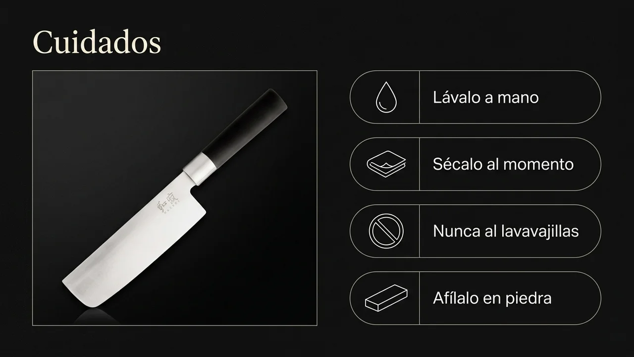 Cuidados del nakiri KAI Wasabi Black: lavar a mano, secar al momento, nunca al lavavajillas y afilar en piedra