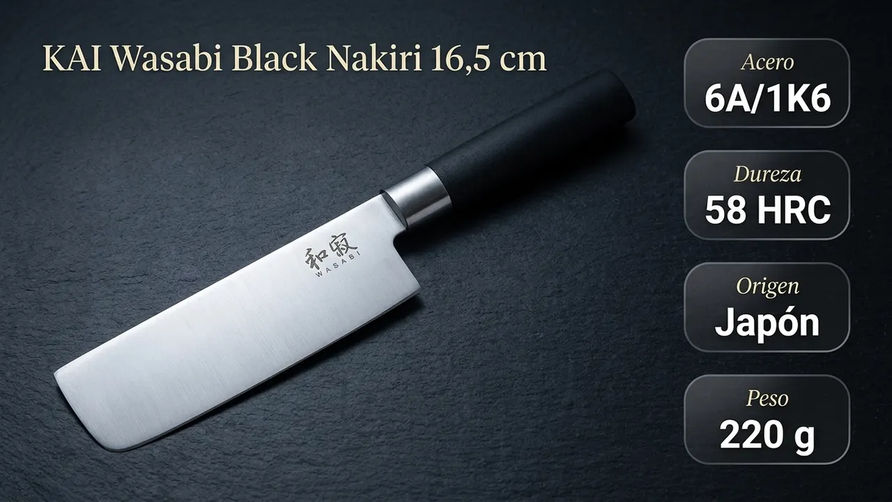 Datos del nakiri KAI Wasabi Black: acero 6A/1K6 de 58 HRC, fabricado en Japón y 220 gramos de peso