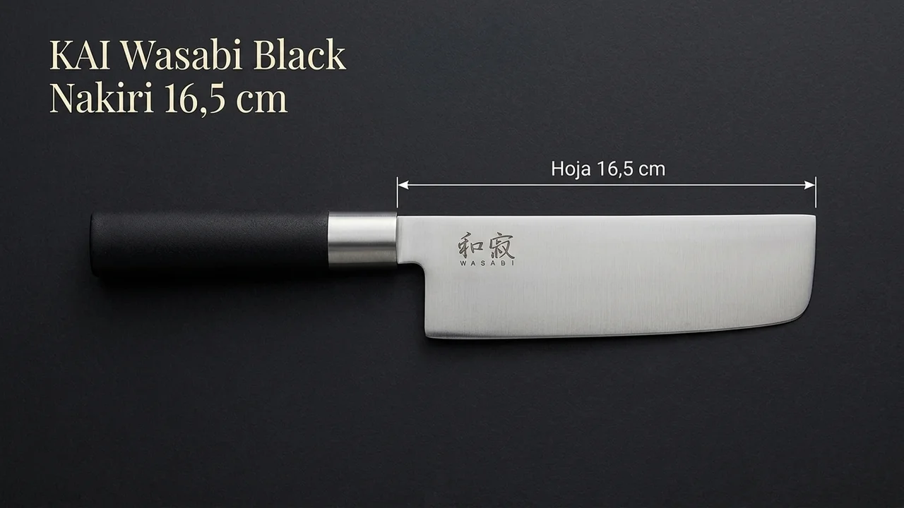 Nakiri KAI Wasabi Black acotado: hoja rectangular de 16,5 cm y mango negro de polipropileno