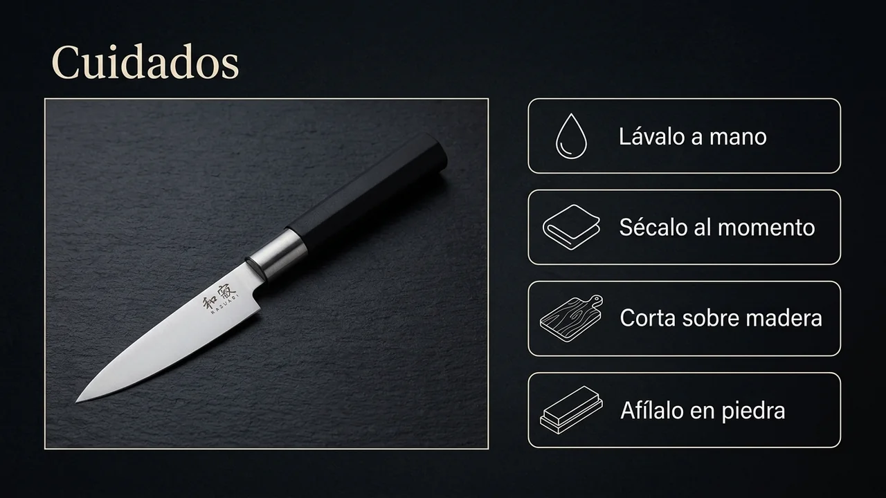 Cuidados del KAI Wasabi Black Petty: lavado a mano, secado al momento, corte sobre madera y afilado en piedra