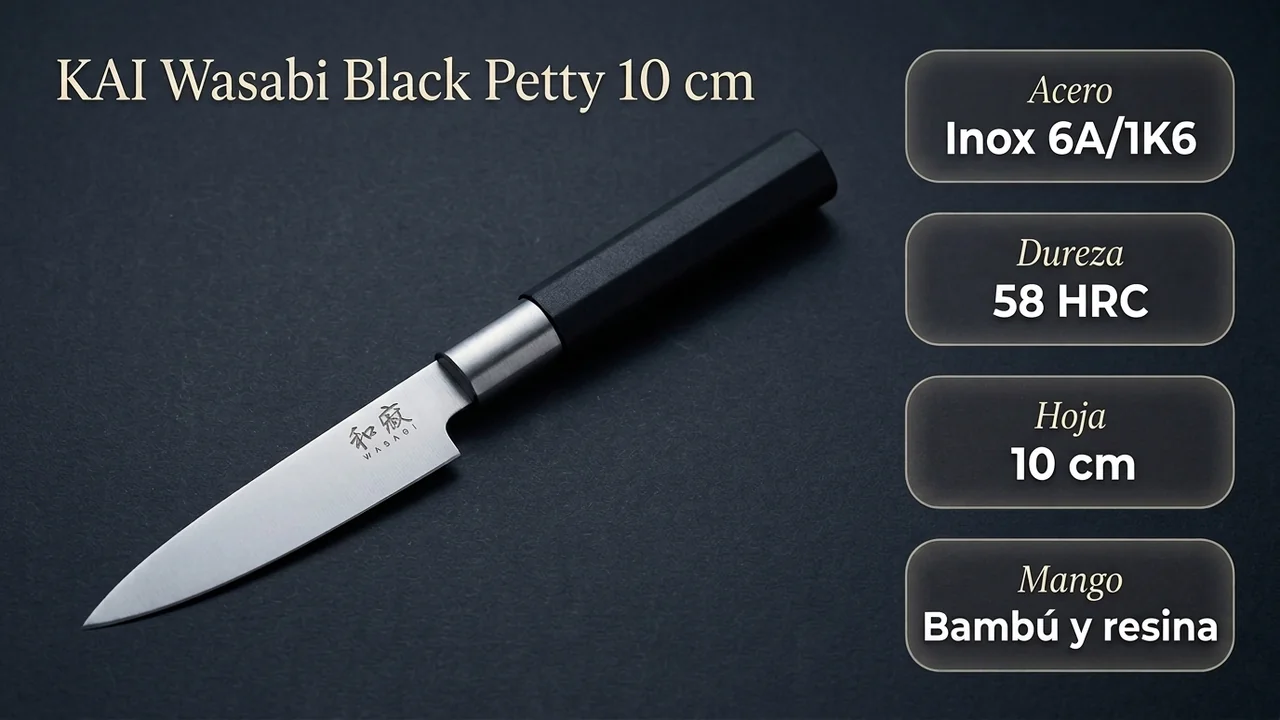 Ficha técnica del KAI Wasabi Black Petty: acero inoxidable 6A/1K6, 58 HRC, hoja de 10 cm y mango de bambú y resina
