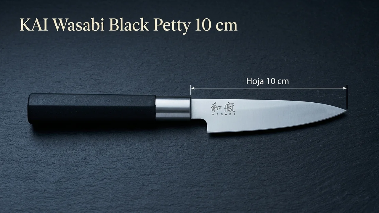 Cuchillo petty KAI Wasabi Black sobre pizarra oscura, con la cota de la hoja de 10 cm de la punta a la virola