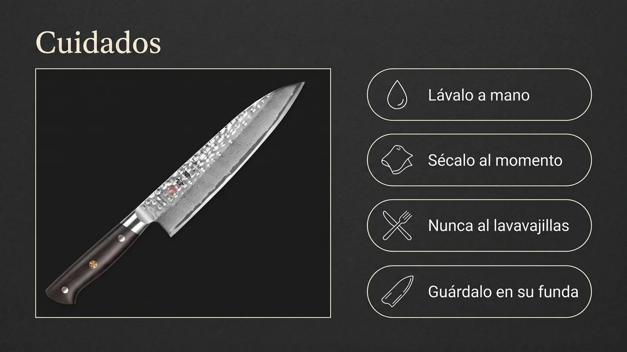 Cuidados del gyuto Kanngou: lavado a mano, secado inmediato, nunca al lavavajillas y guardado en su funda de cuero