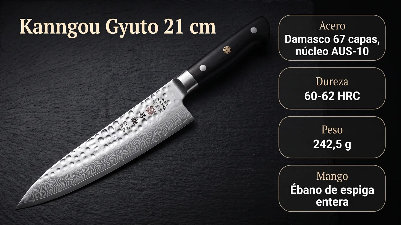 Datos del gyuto Kanngou: damasco de 67 capas con nucleo AUS-10, 60-62 HRC, 242,5 g de peso y mango de ebano de espiga entera