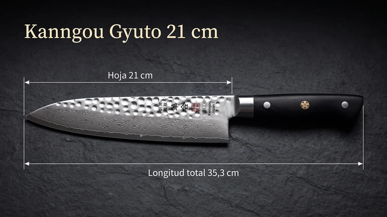 Gyuto Kanngou acotado: hoja de 21 cm medida de la punta a la virola y 35,3 cm de longitud total