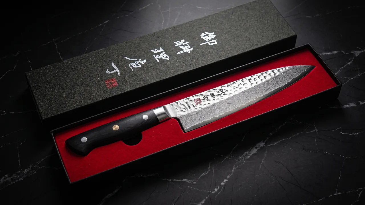 Gyuto Kanngou dentro de su estuche de regalo abierto, sobre terciopelo rojo y con la tapa de fibra negra con caracteres japoneses