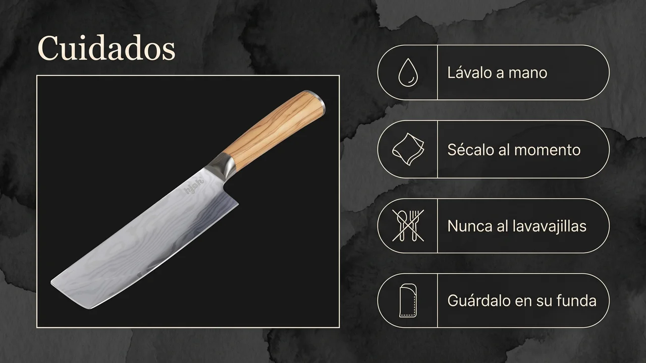 Cuidados del nakiri kjok: lavado a mano, secado inmediato, nunca al lavavajillas y guardado en su funda protectora