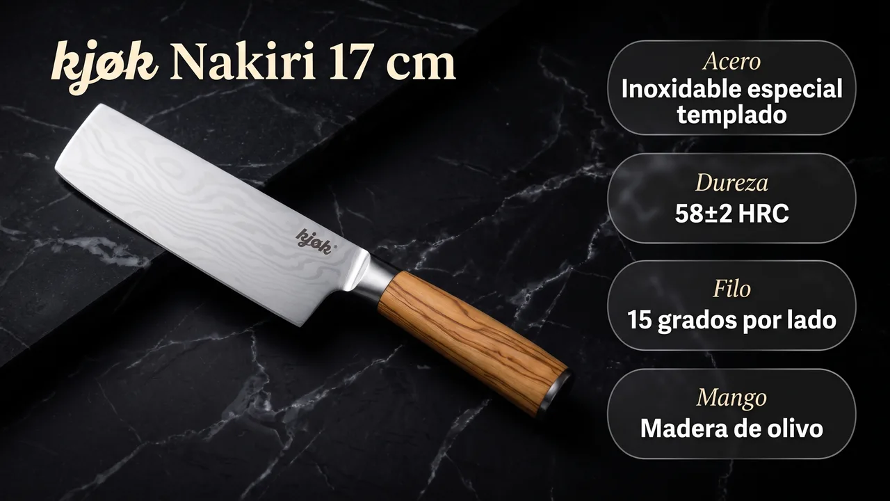 Datos del nakiri kjok: acero inoxidable especial templado, 58 mas menos 2 HRC, filo a 15 grados por lado y mango de madera de olivo