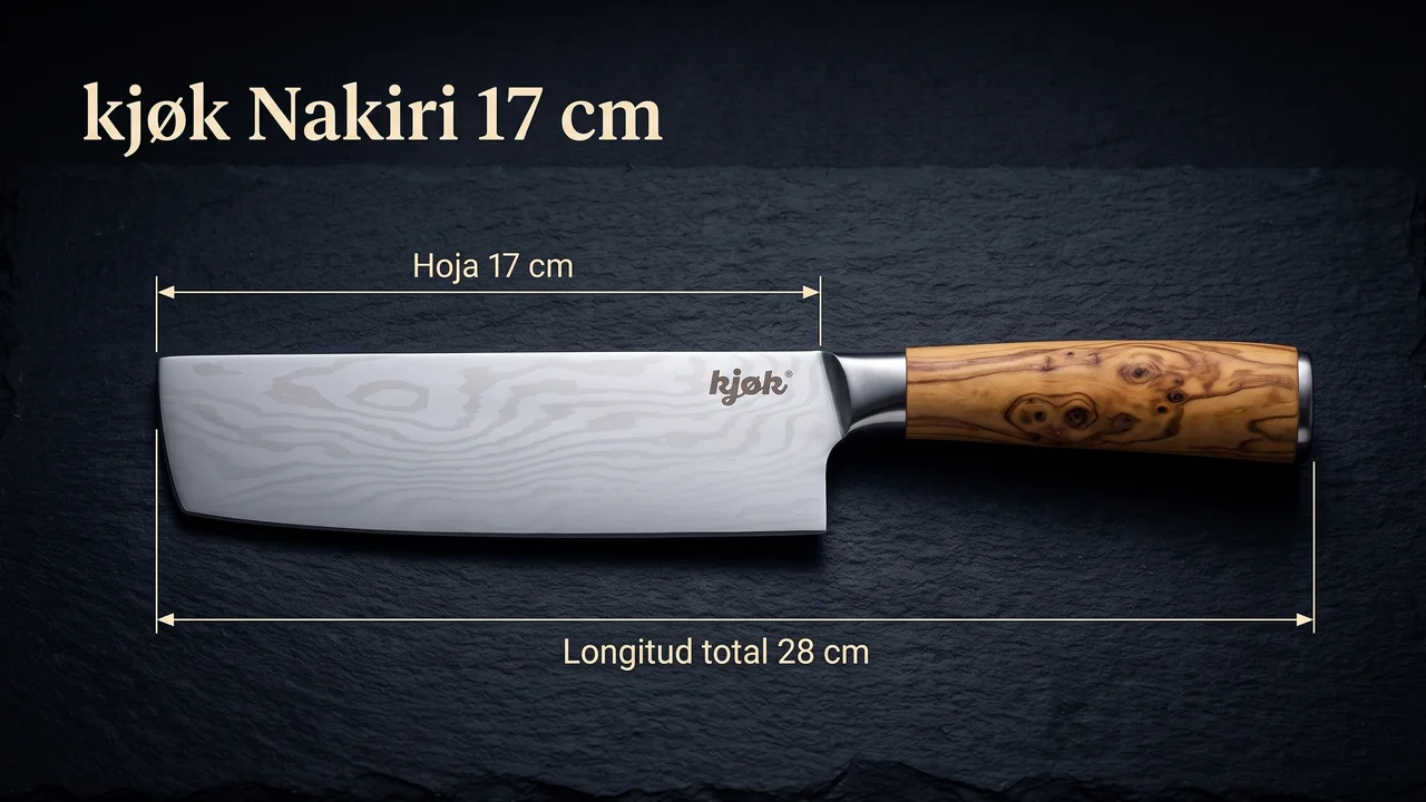 Nakiri kjok acotado: hoja rectangular de 17 cm medida hasta la virola y 28 cm de longitud total