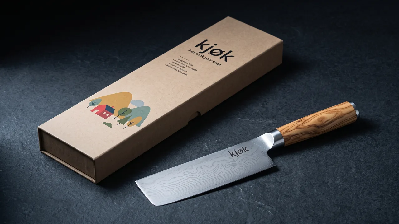 Nakiri kjok junto a su caja de carton kraft con la ilustracion de paisaje nordico impresa