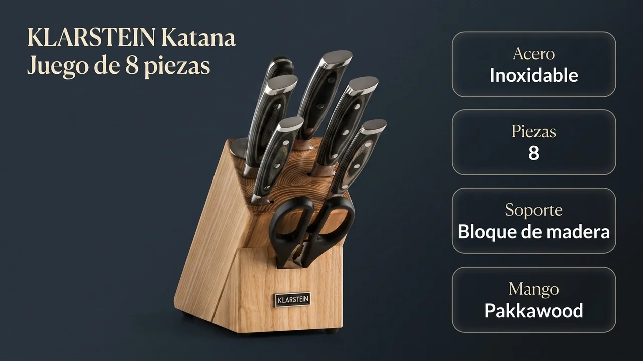 Ficha técnica del Klarstein Katana: acero inoxidable, ocho piezas, bloque de madera y mangos de pakkawood