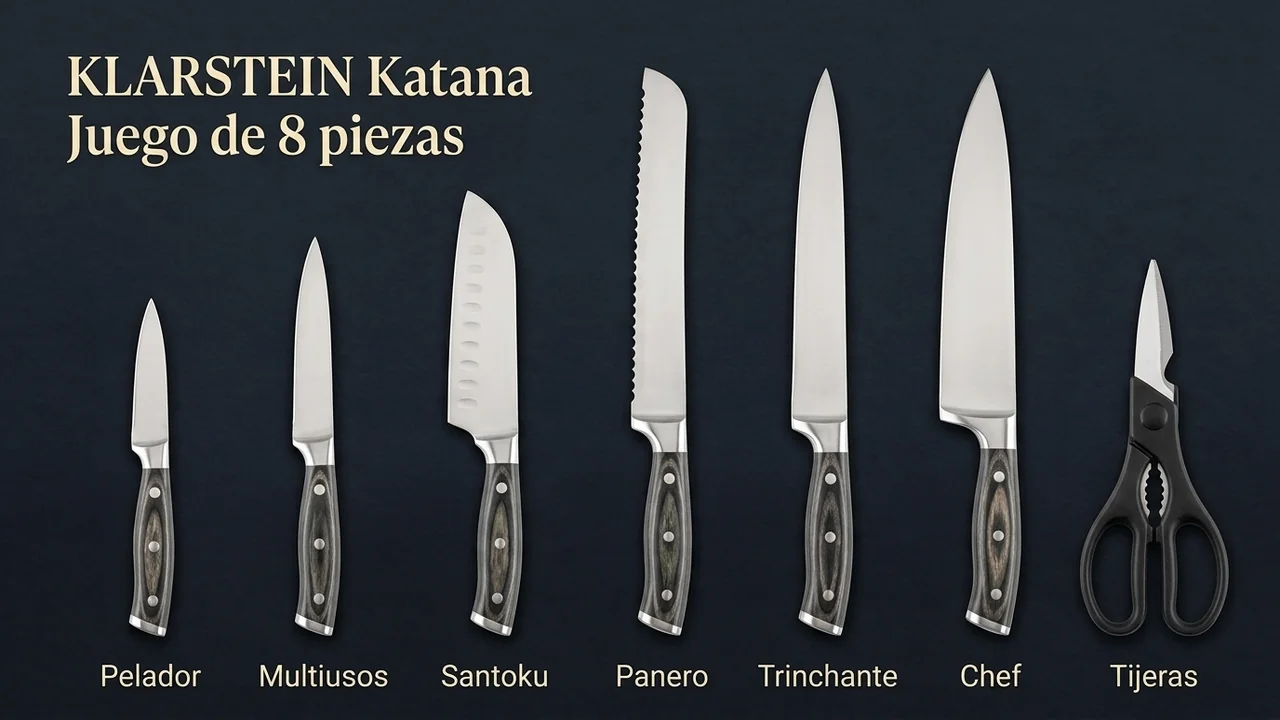 Las siete piezas del juego Klarstein Katana en fila: seis cuchillos y las tijeras de cocina