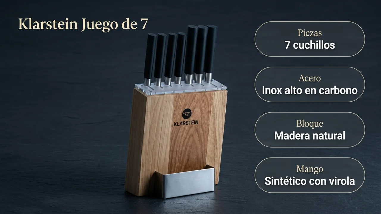 Datos del juego Klarstein de 7 piezas: acero inoxidable alto en carbono, bloque de madera natural y mangos sintéticos con virola