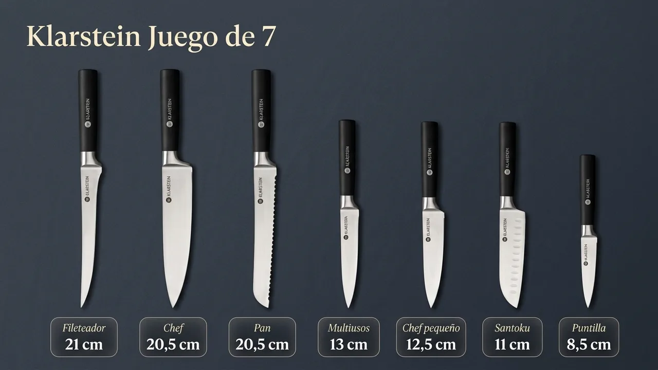 Las siete piezas del juego Klarstein: fileteador de 21 cm, chef de 20,5, pan de 20,5, multiusos de 13, chef pequeño de 12,5, santoku de 11 y puntilla de 8,5
