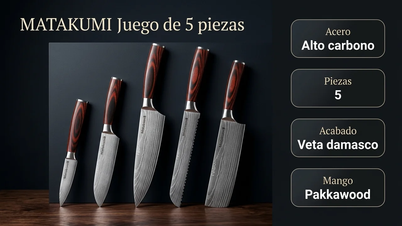 Ficha técnica del juego Matakumi de 5 piezas: acero de alto carbono, acabado con veta de damasco y mangos de pakkawood