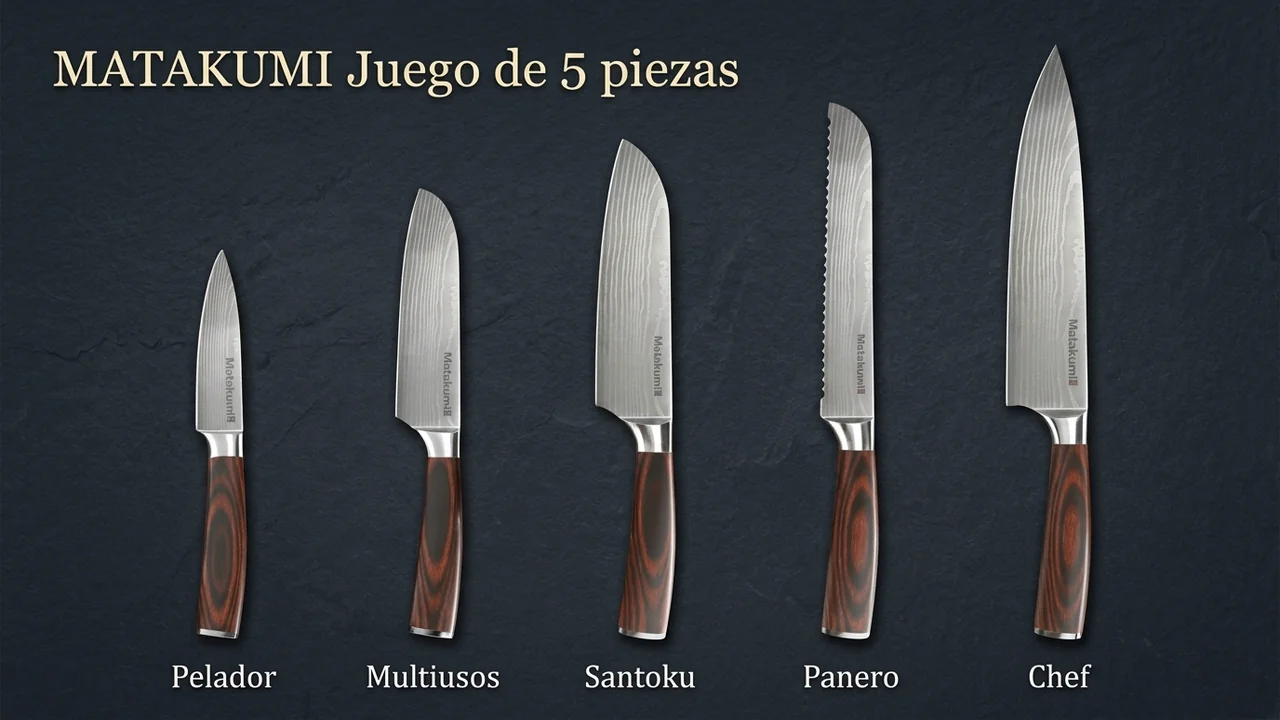 Las cinco piezas del juego Matakumi en fila de menor a mayor: pelador, multiusos, santoku, panero y chef, con mango de pakkawood rojizo