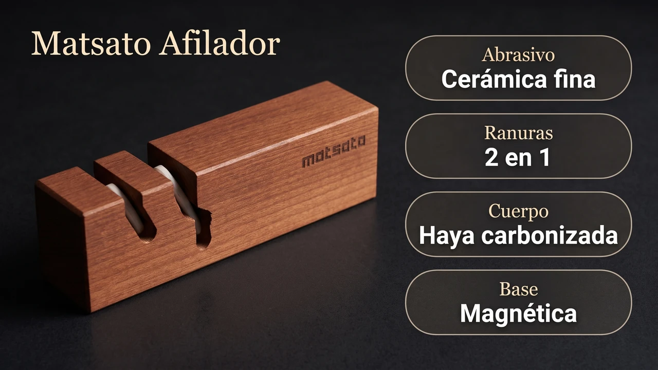 Datos técnicos del afilador Matsato: varillas de cerámica fina, dos ranuras, cuerpo de haya carbonizada y base magnética