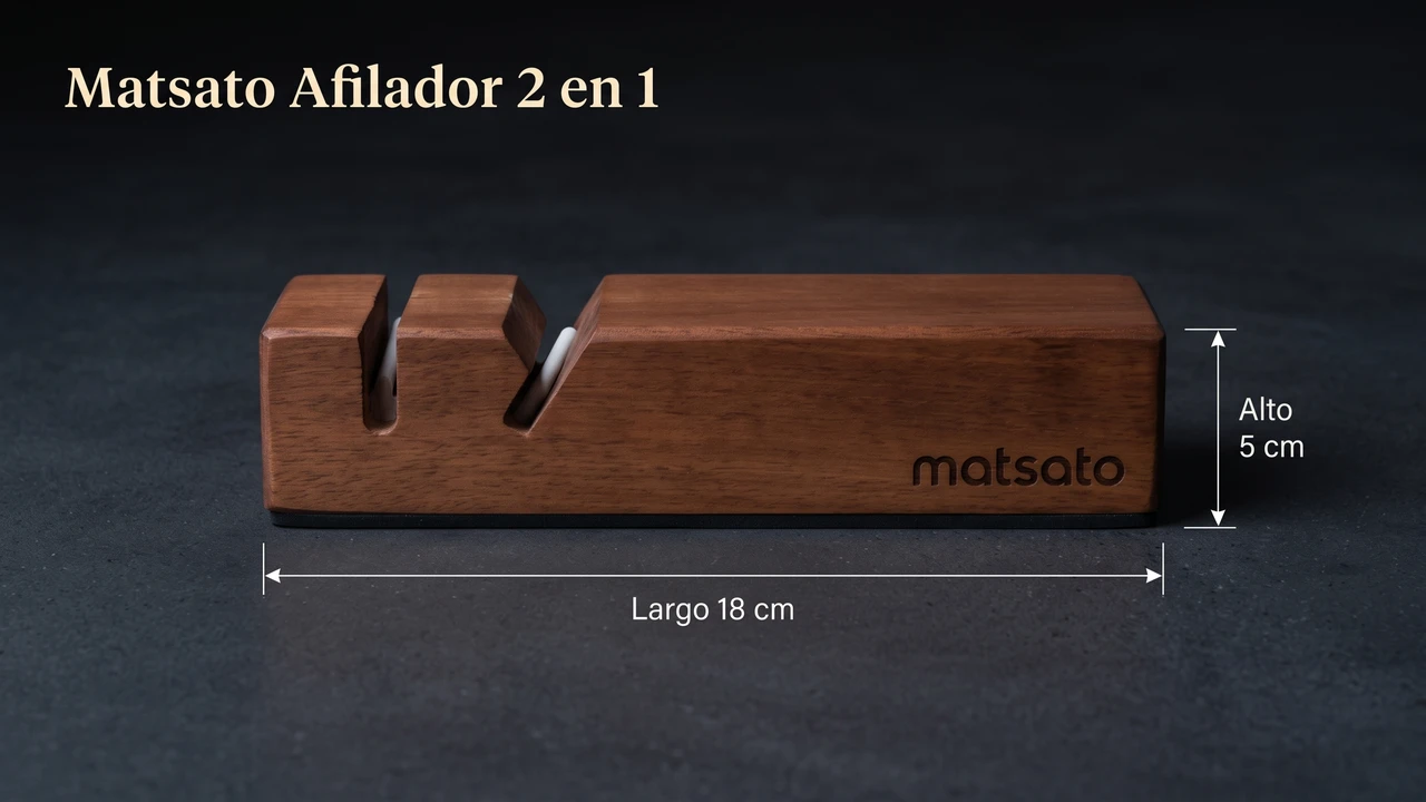Medidas del afilador Matsato acotadas: 18 cm de largo y 5 cm de alto