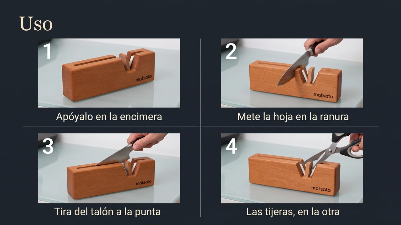 Cómo usar el afilador Matsato en cuatro pasos: apoyarlo, meter la hoja, tirar del talón a la punta y afilar las tijeras