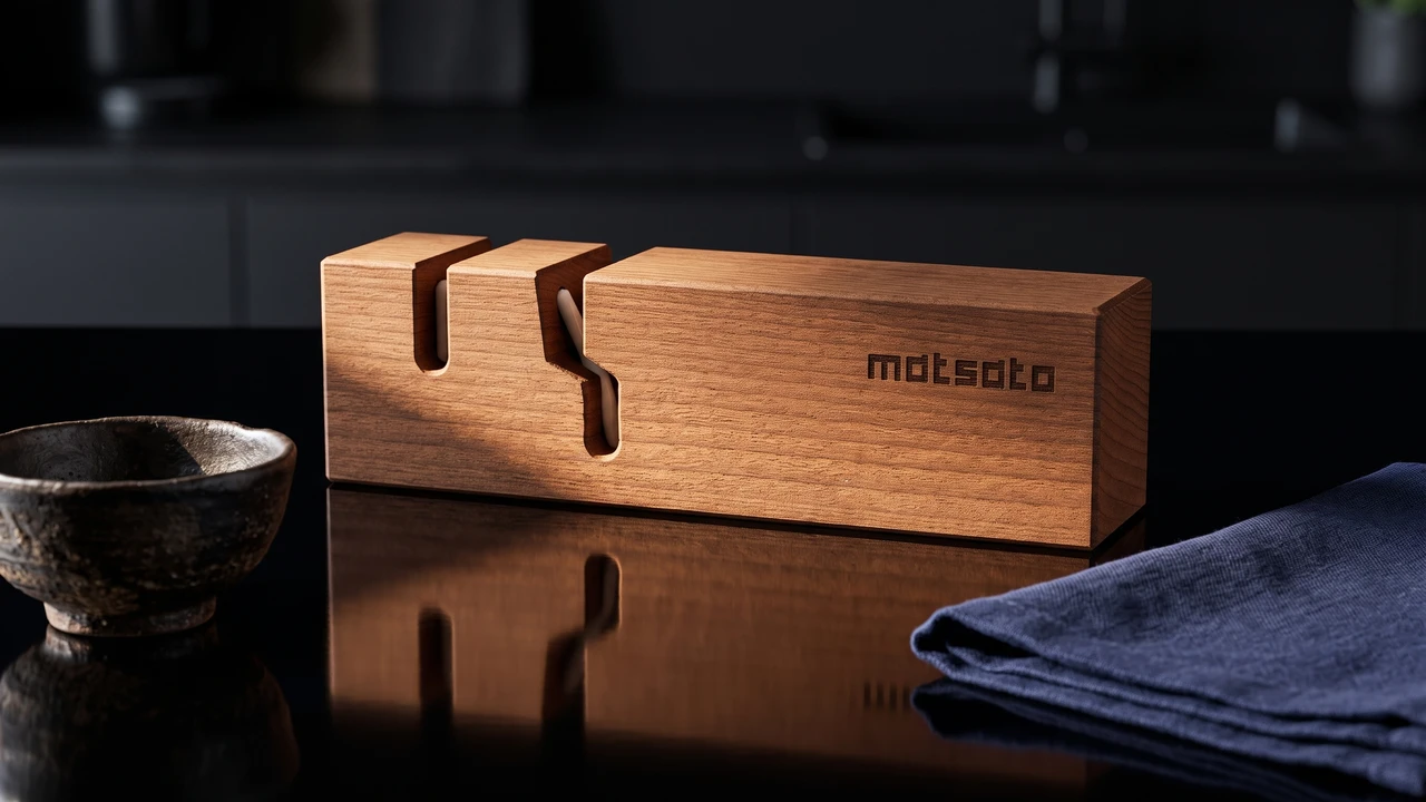 Afilador manual Matsato de madera de haya con dos ranuras de varillas cerámicas para cuchillos y tijeras