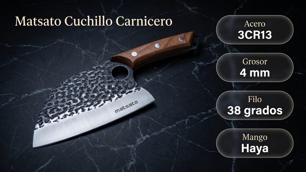 Ficha tecnica del carnicero Matsato: acero 3CR13, 4 mm de grosor, filo a 38 grados y mango de haya