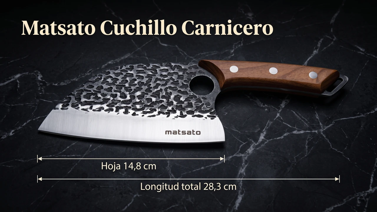 Medidas del carnicero Matsato acotadas: hoja de 14,8 cm y 28,3 cm de longitud total