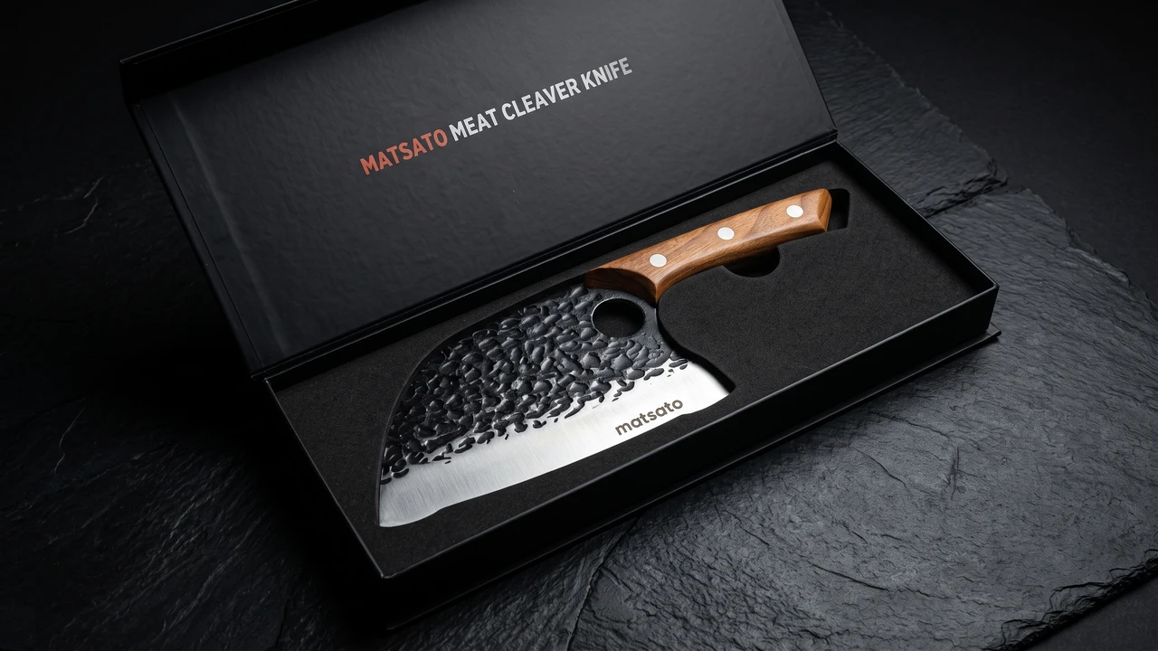 Cuchillo carnicero Matsato dentro de su caja negra de regalo con el rotulo Matsato Meat Cleaver Knife