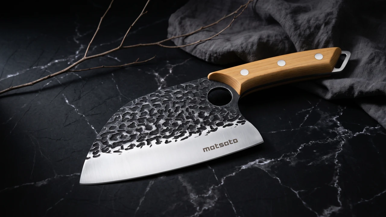 Cuchillo carnicero Matsato de hoja ancha martillada con orificio y mango de haya clara sobre marmol negro
