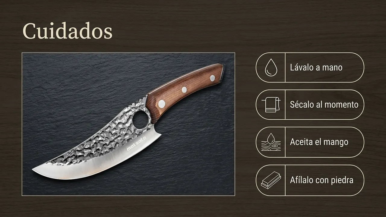 Cuidados del deshuesador Matsato: lavarlo a mano, secarlo al momento, aceitar el mango de madera y afilarlo con piedra