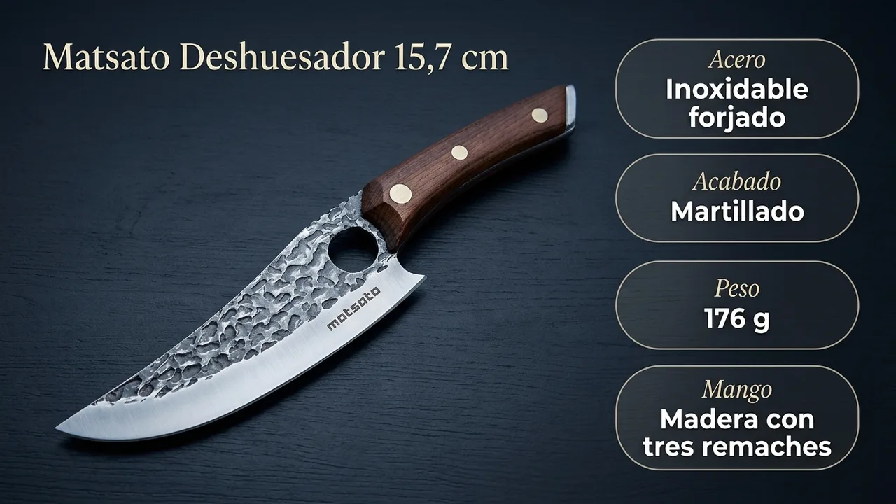 Datos del deshuesador Matsato: acero inoxidable forjado con acabado martillado, 176 gramos y mango de madera con tres remaches