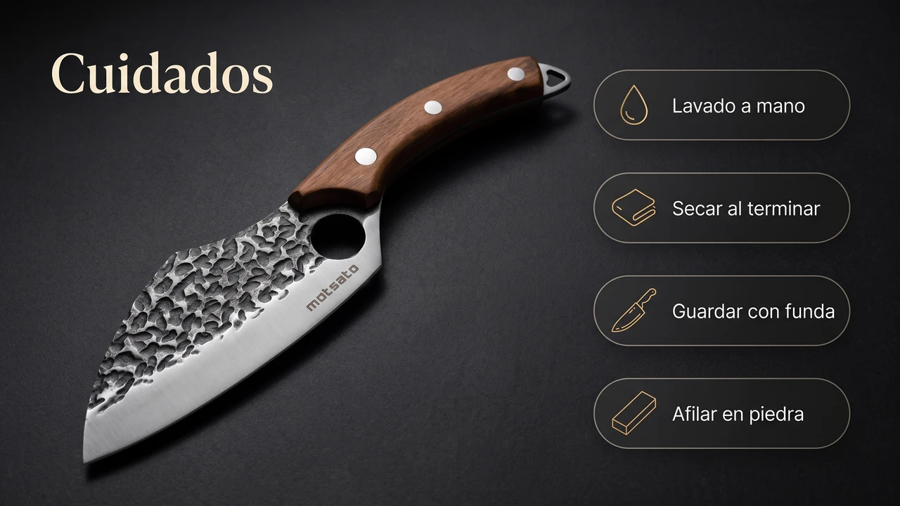 Cuidados del chef Matsato: lavado a mano, secado inmediato, guardado con funda y afilado en piedra