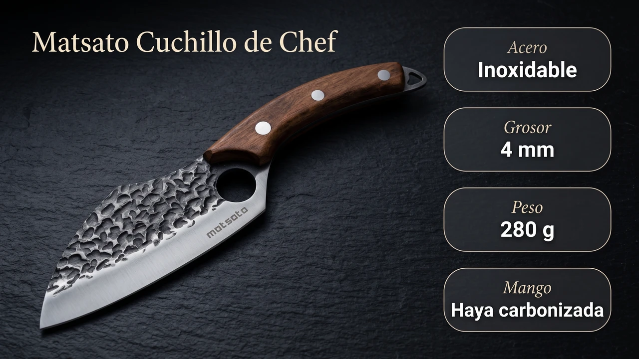 Datos tecnicos del chef Matsato: acero inoxidable de 4 mm, 280 gramos y mango de haya carbonizada