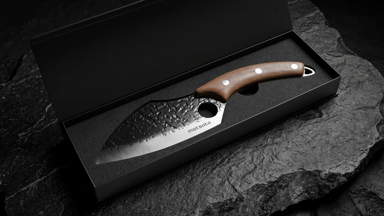 Cuchillo de chef Matsato encajado en su estuche negro de regalo sobre pizarra