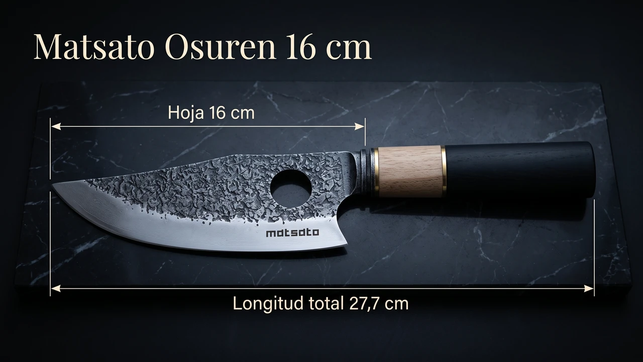 Medidas del Matsato Osuren acotadas: hoja de 16 cm y 27,7 cm de longitud total