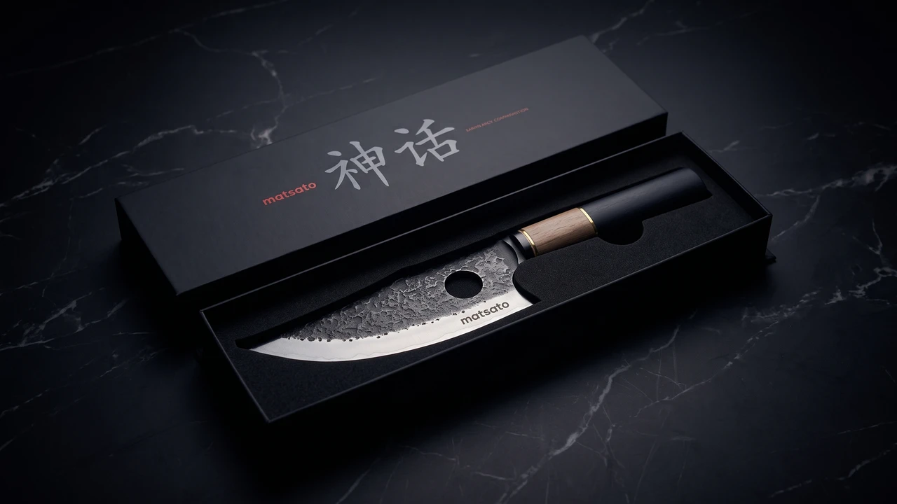 Cuchillo Matsato Osuren encajado en su estuche negro de regalo con el ideograma japonés en la tapa