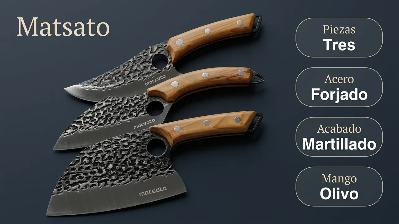 Datos del juego Matsato de tres piezas: acero forjado con acabado martillado y mango de madera de olivo