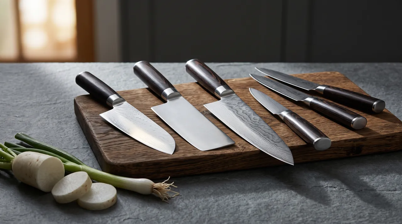 Cuchillos japoneses baratos de varios tipos: santoku, nakiri, chef, pelador y set, sobre tabla de madera